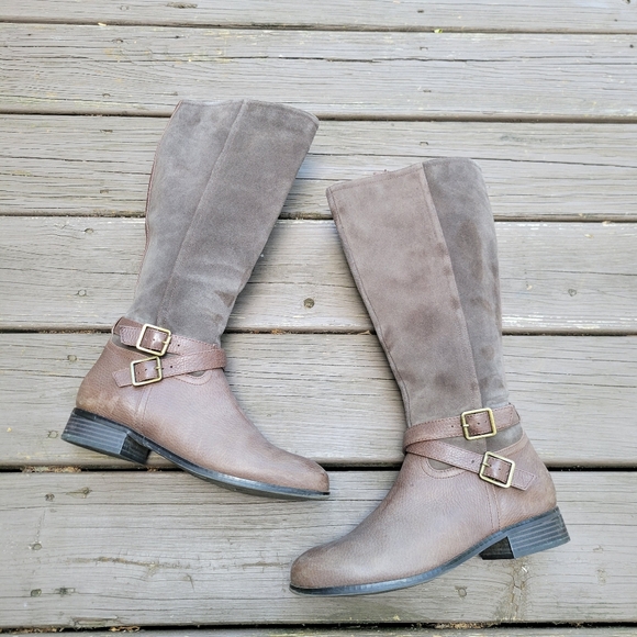 Vintage 90s y2k Brown Leather Suede Buckle Knee High Tall Equestrian Riding Boot - Picture 2 of 8